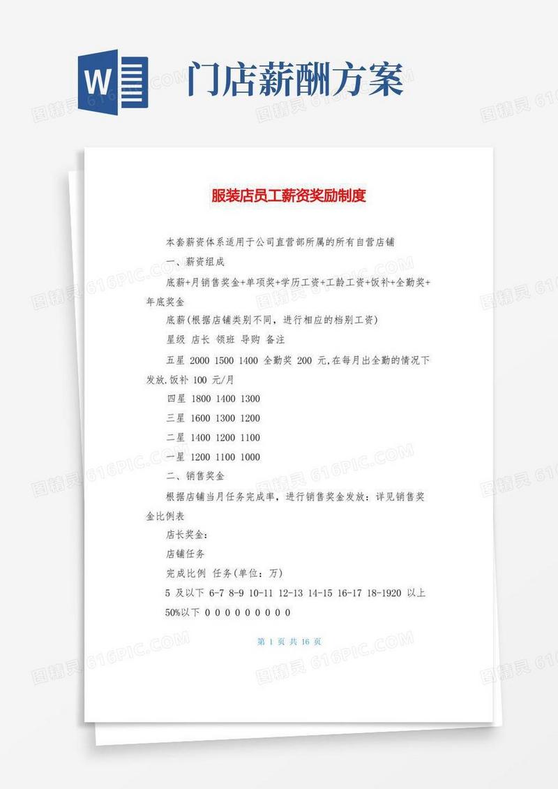 服装店员工薪资奖励制度