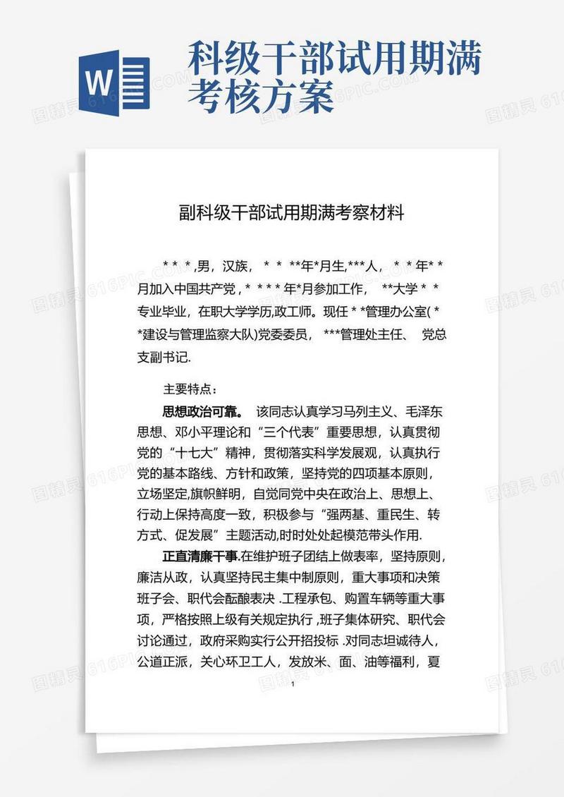 副科级干部试用期满考察材料