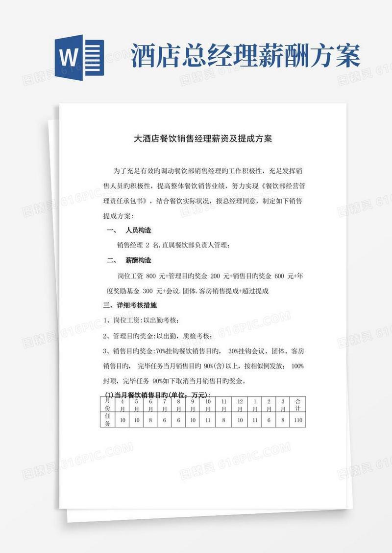 大酒店餐饮销售经理薪资及提成方案