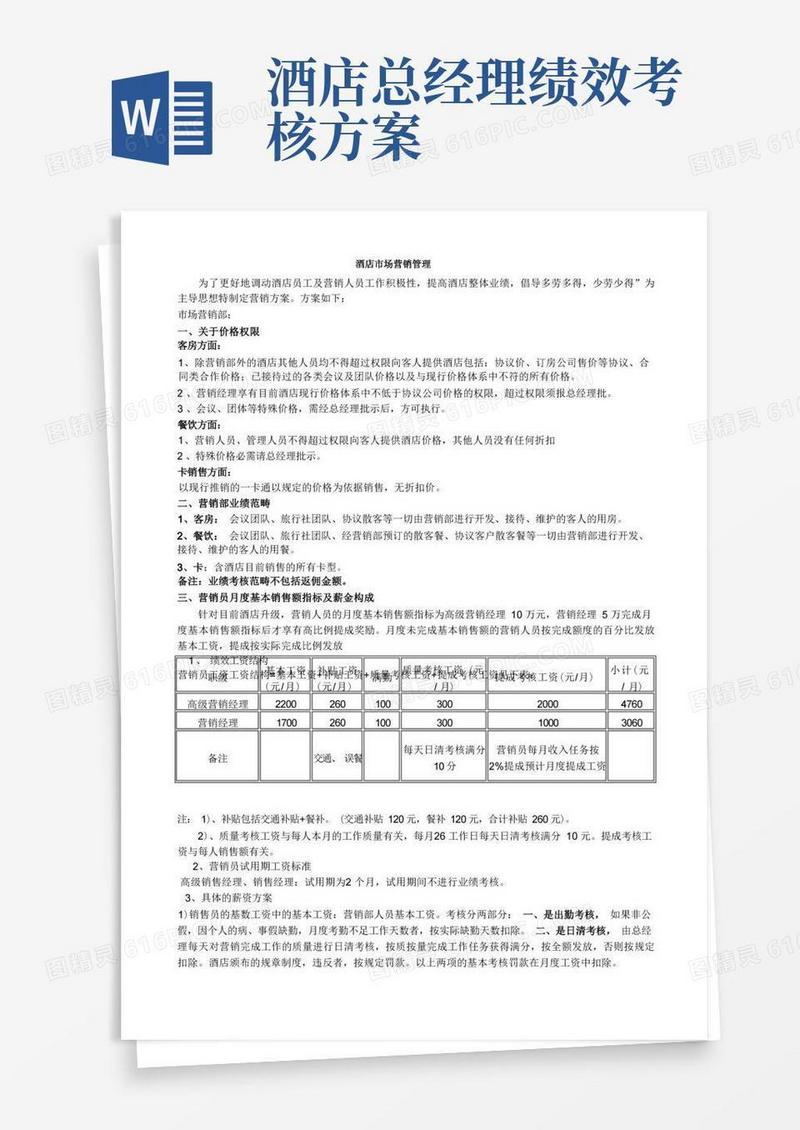 酒店营销部员工绩效考核方案