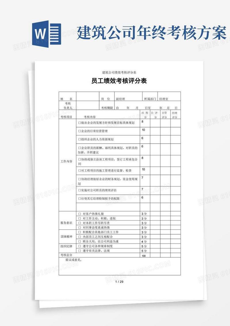 建筑公司绩效考核评分表