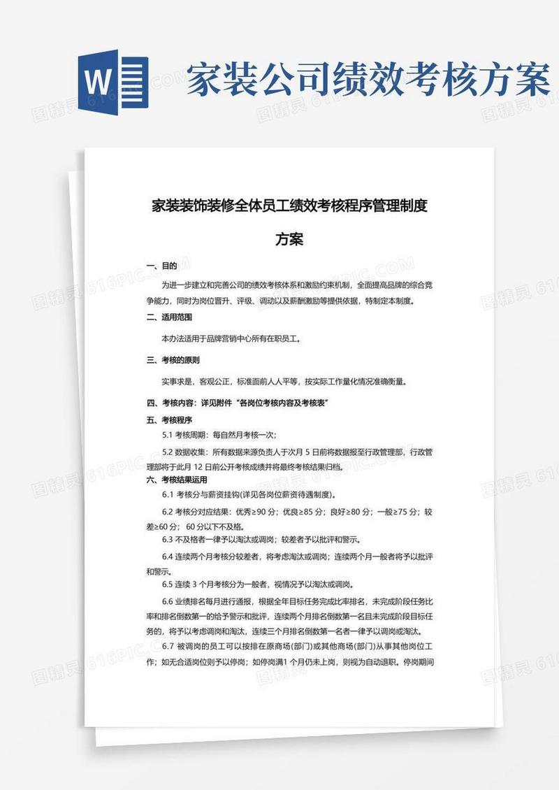 家装装饰装修全体员工绩效考核程序管理制度方案