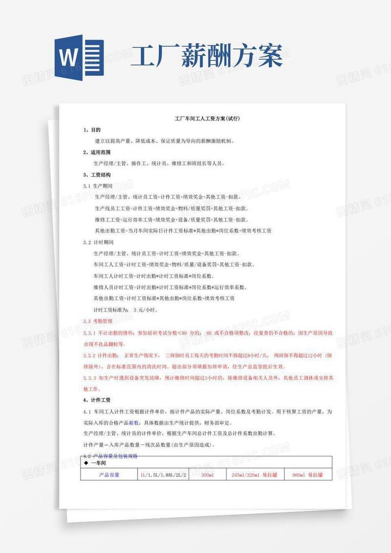 工厂车间工人工资方案