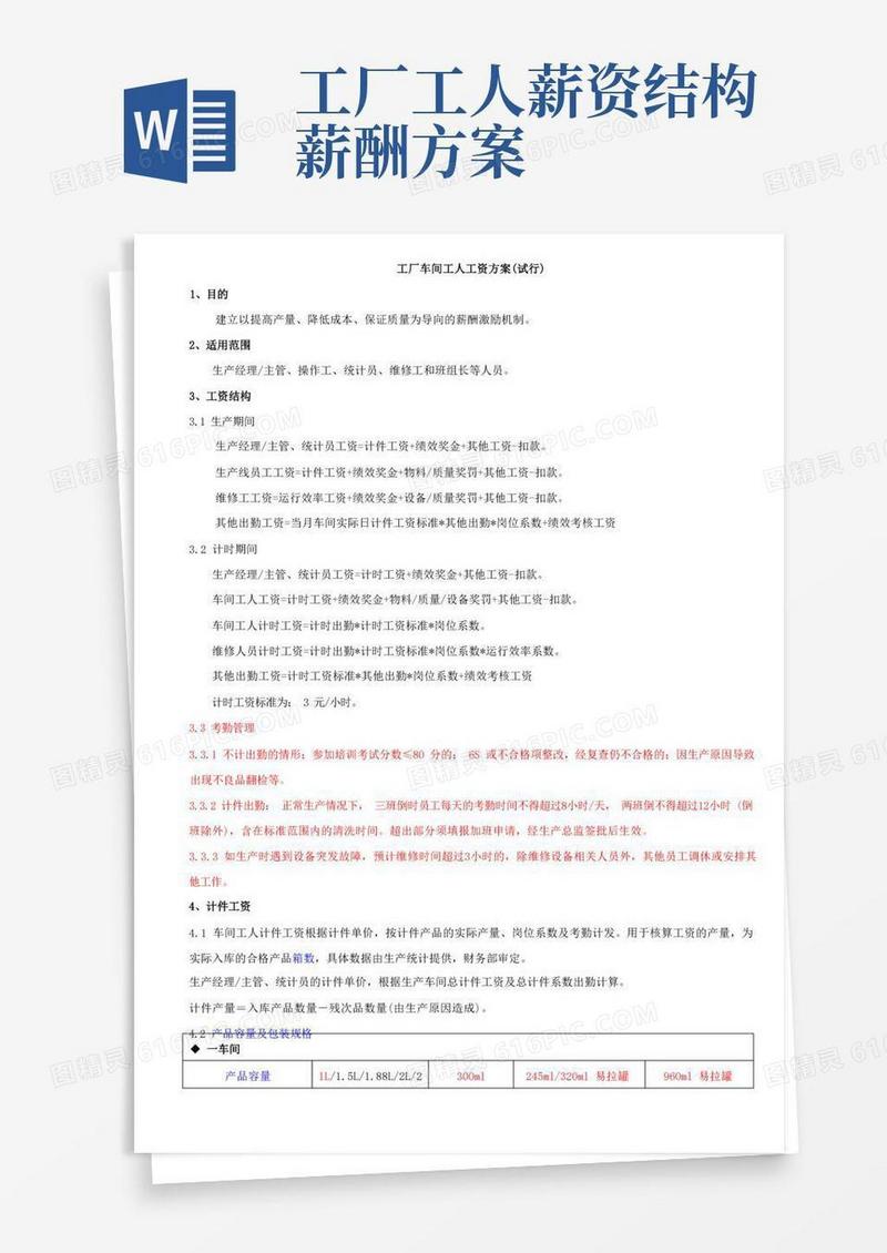 工厂车间工人工资方案