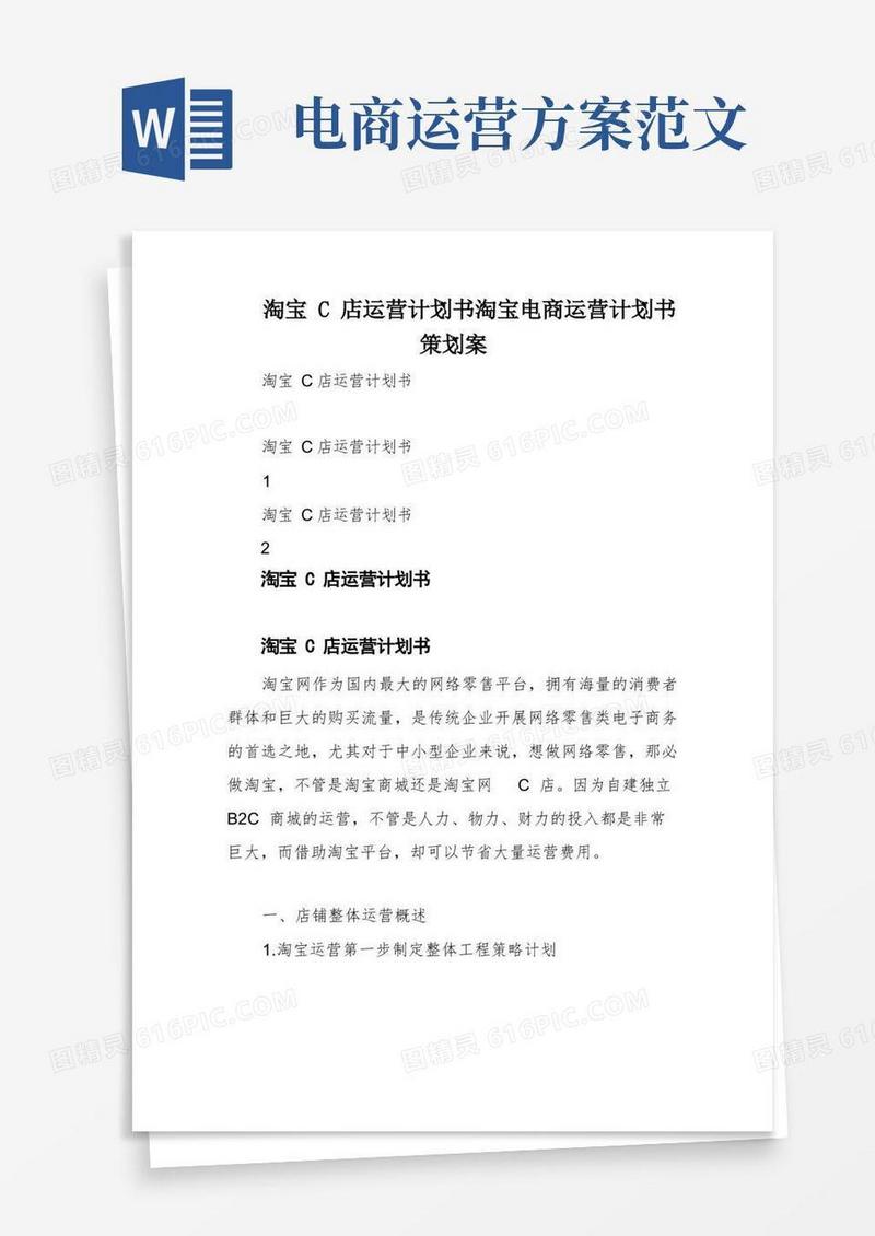 淘宝C店运营计划书淘宝电商运营计划书策划案
