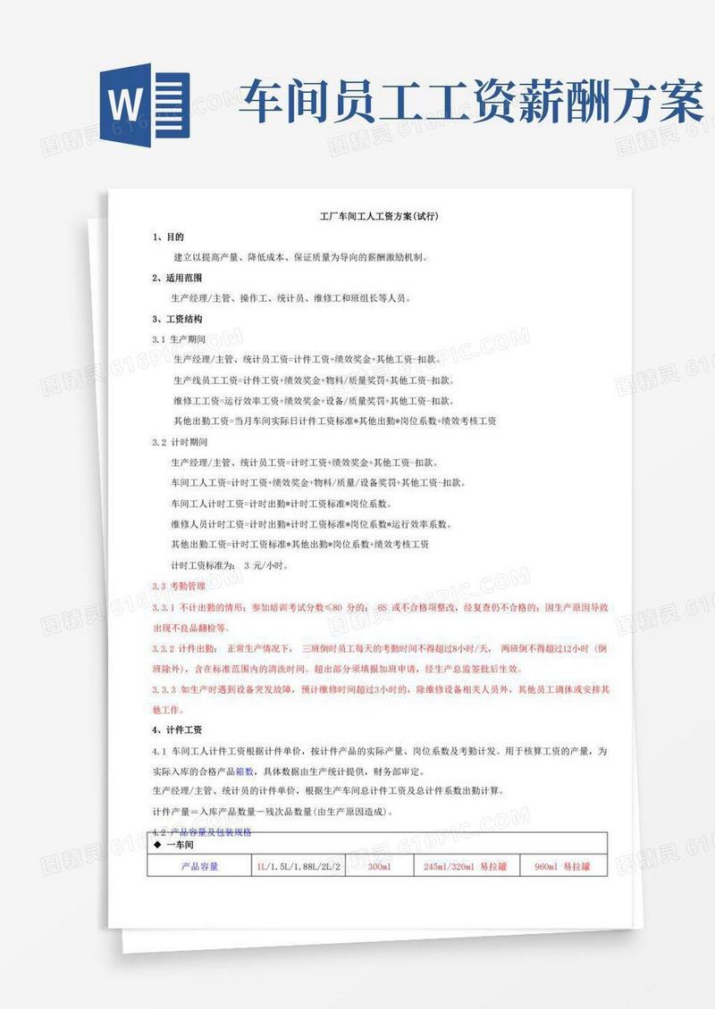 工厂车间工人工资方案