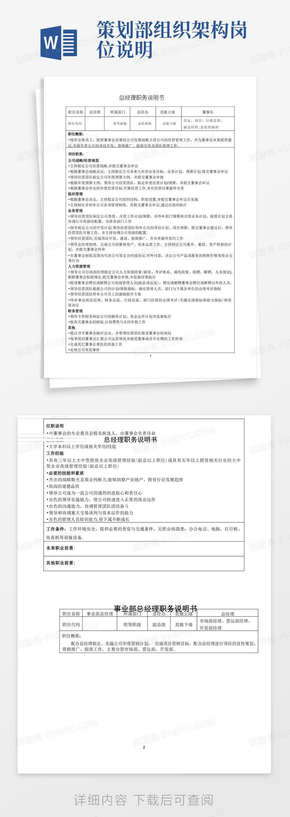 公司组织架构、岗位编制及职位说明