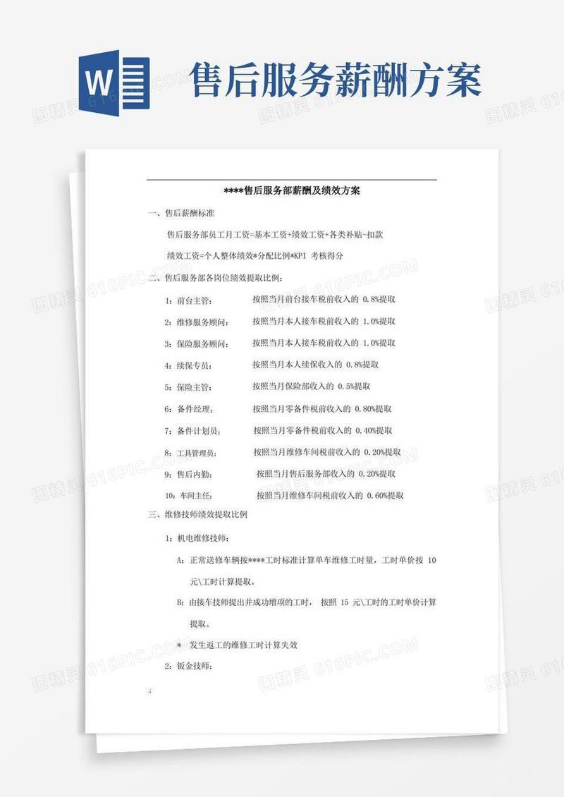 4S店售后薪酬及绩效方案