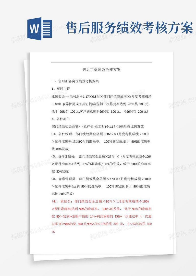 售后服务部绩效考核方案