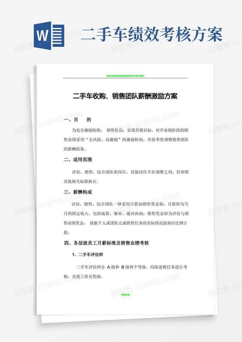 二手车销售团队薪酬激励方案
