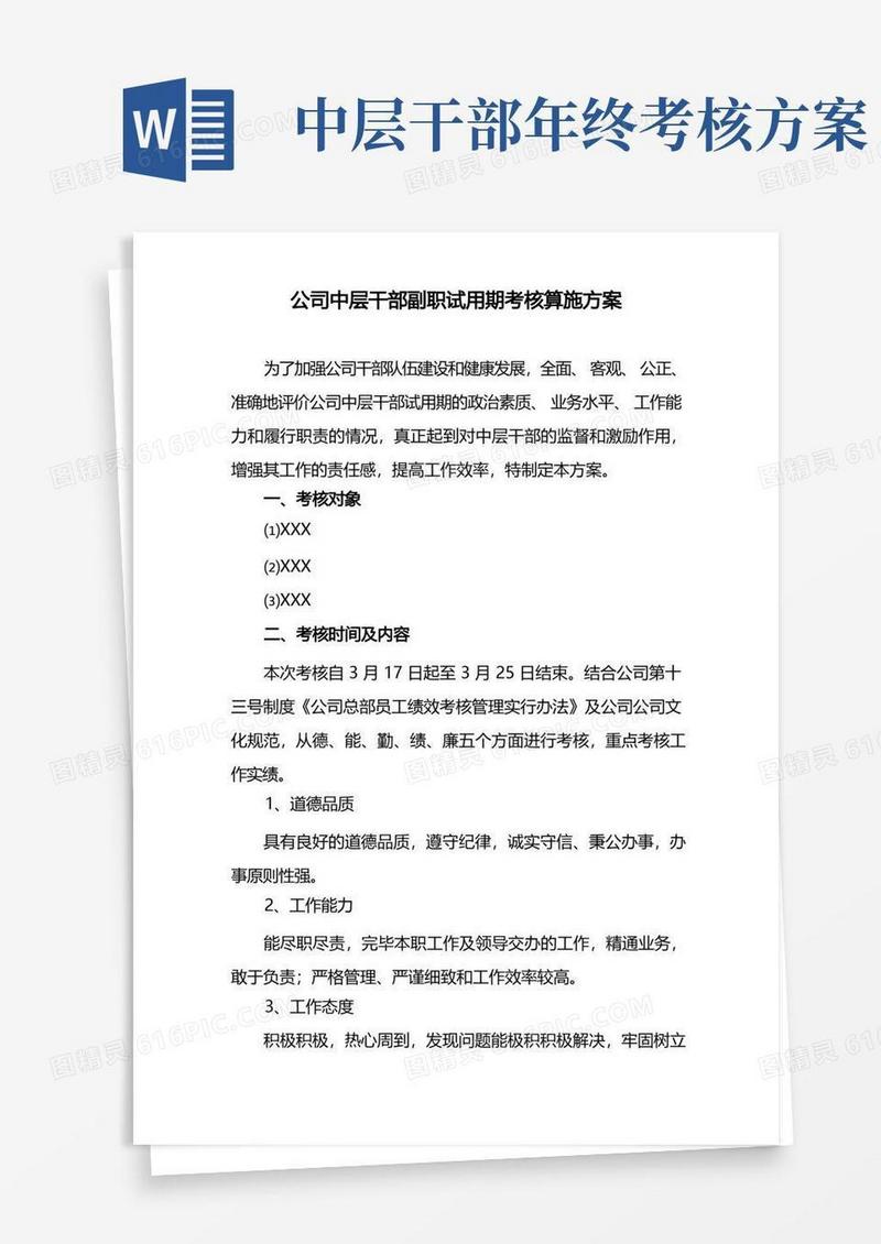 公司中层干部副职试用期考核实施方案