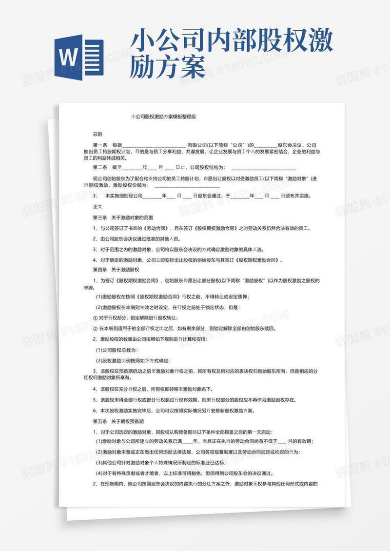 小公司股权激励方案模板整理版