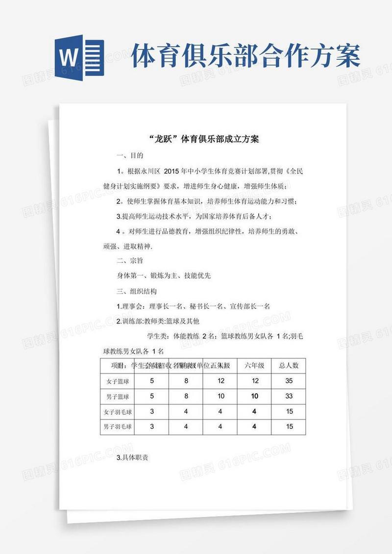 “龙跃”体育俱乐部成立方案