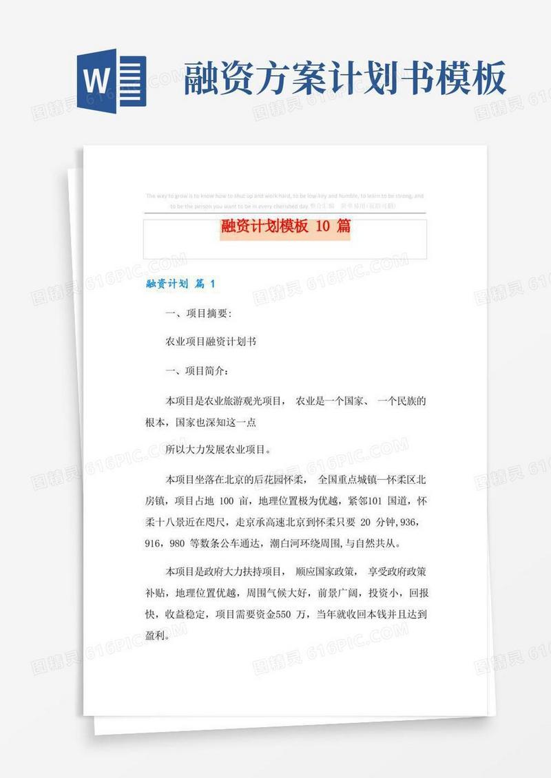融资计划模板10篇