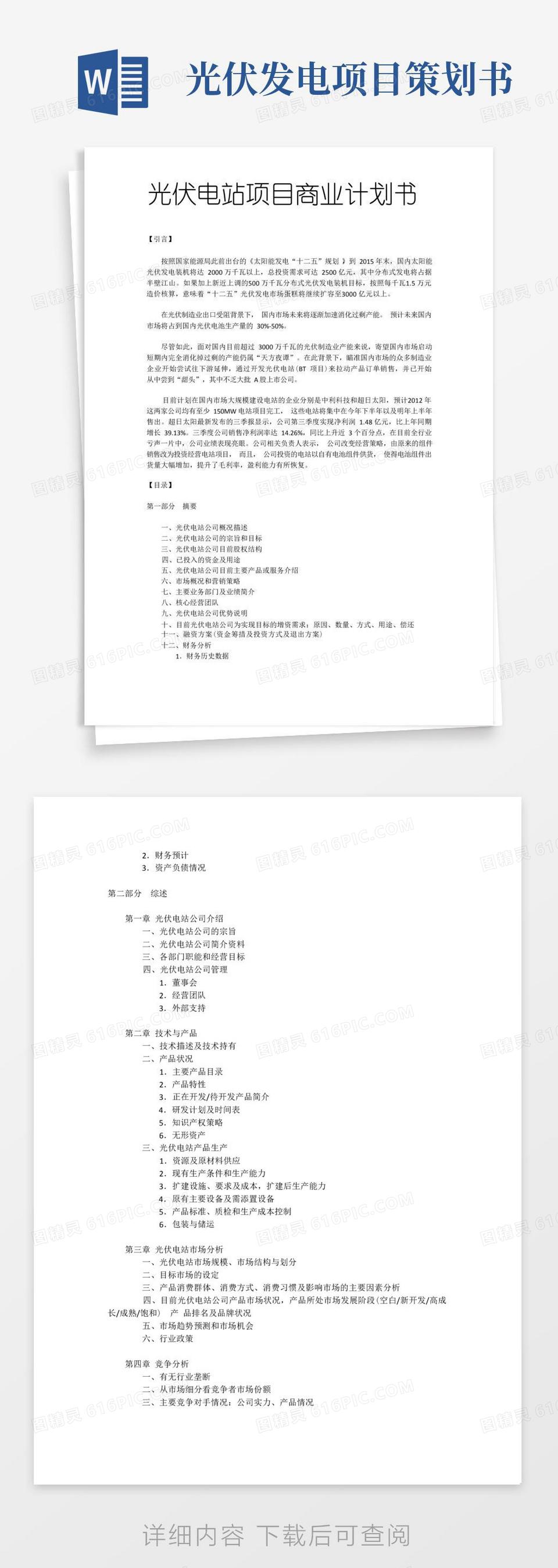 光伏电站项目商业计划书Word文档