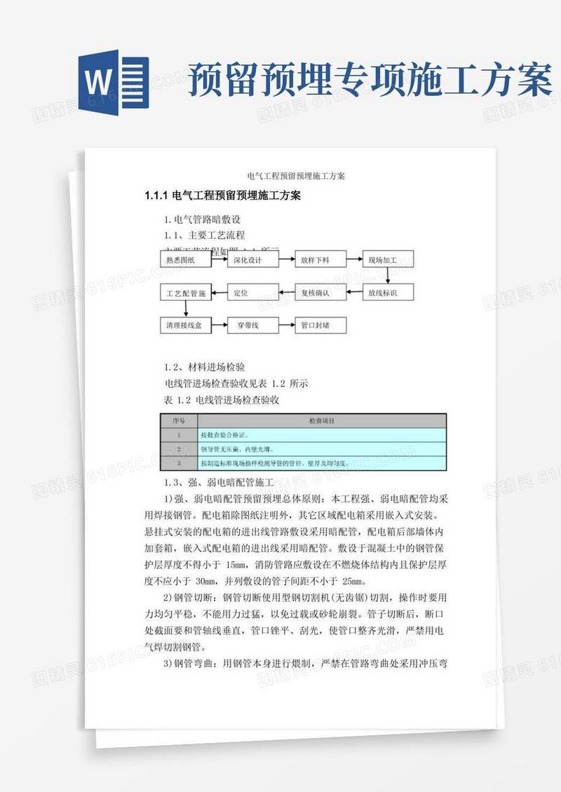 电气工程预留预埋施工方案