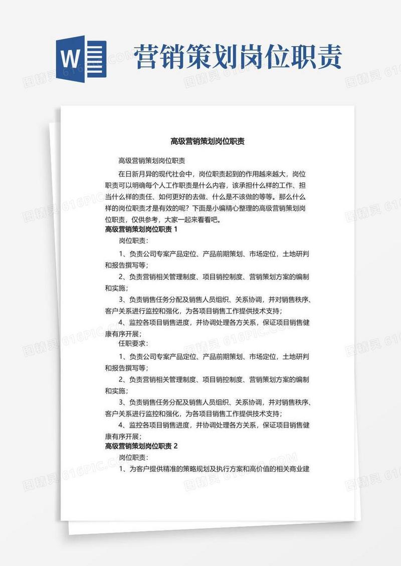 高级营销策划岗位职责