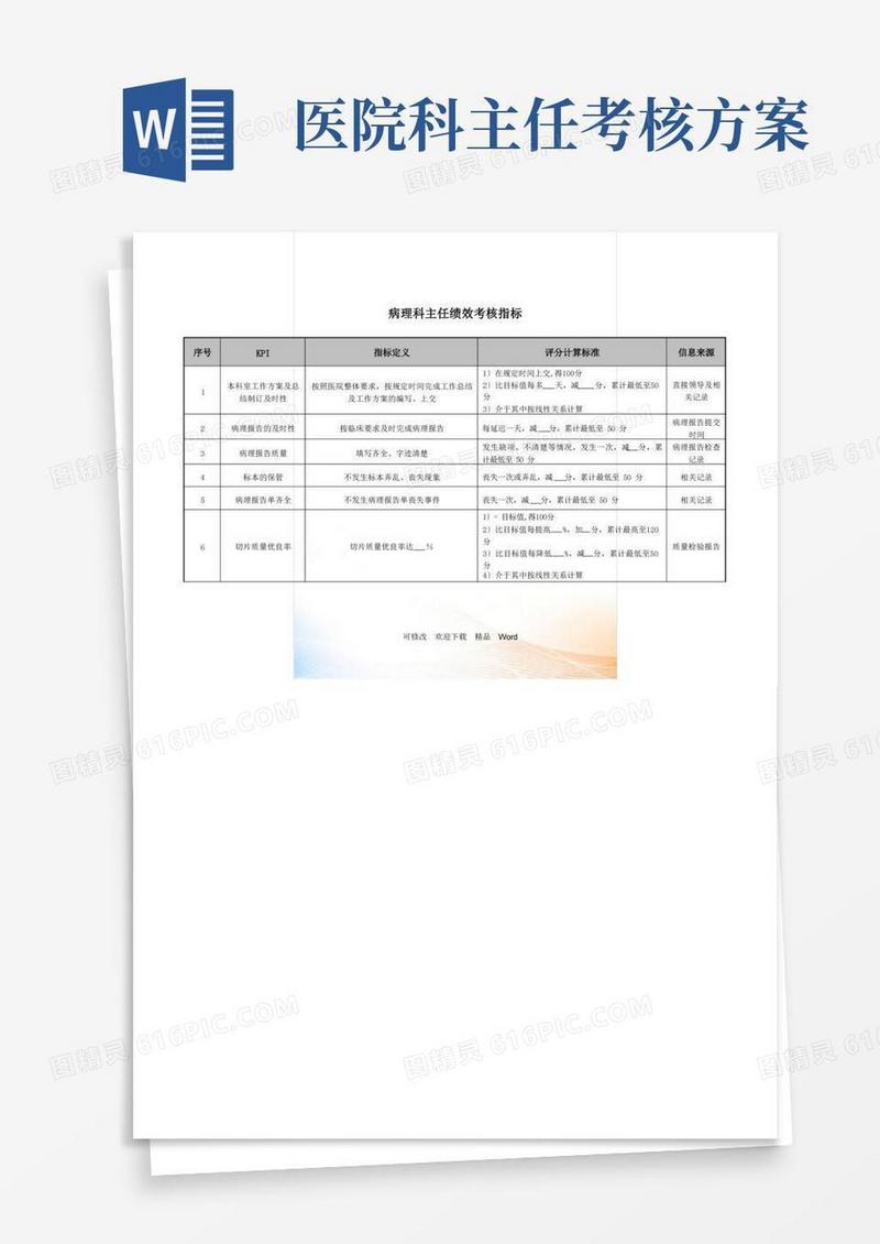 医院病理科主任绩效考核指标