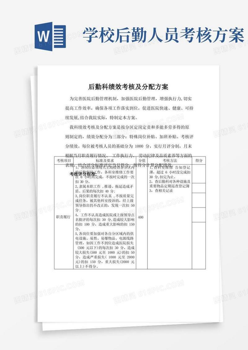 后勤科绩效考核及分配方案