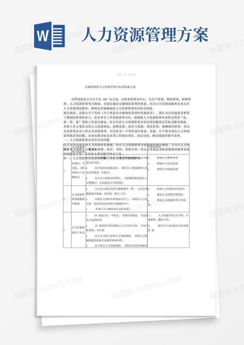 实施精细化人力资源管理目标和措施方案