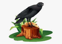 卡通手绘站在树桩上的乌鸦