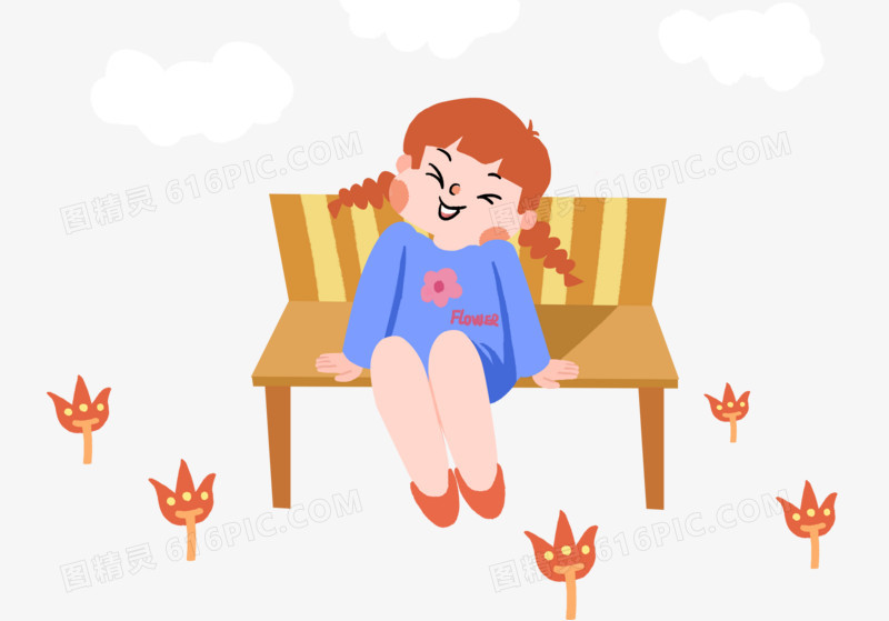 春天卡通手绘春游元素小女孩花朵