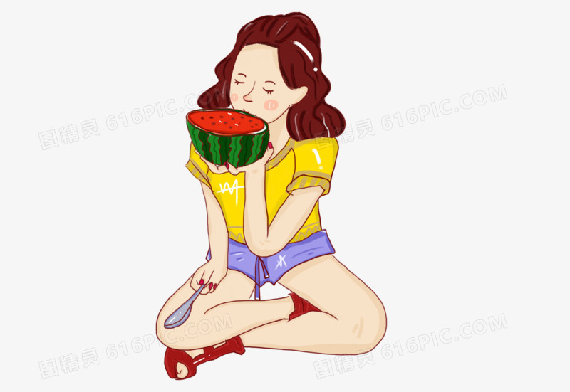 手绘插画吃西瓜的少女可爱