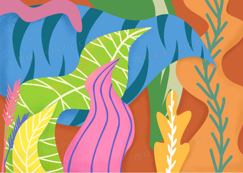夏天插画植物手绘扁平风五彩斑斓植物元素