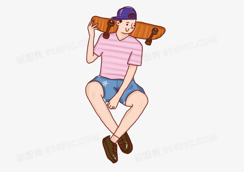 手绘插画卡通滑滑板的男孩