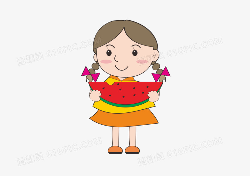夏天之卡通手绘的女孩在吃西瓜