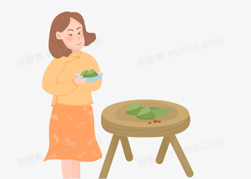 年轻妈妈端午节包粽子手绘素材