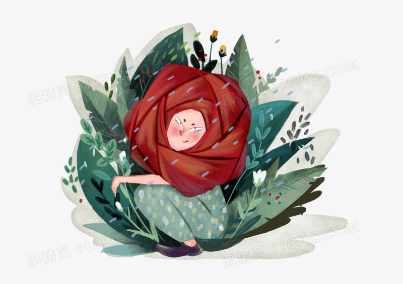 手绘插画春天植物从中的女孩
