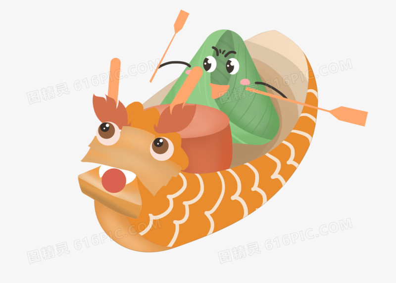 端午卡通可爱手绘绿色粽子赛龙舟素材