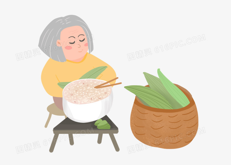 端午节慈祥老奶奶包粽子手绘卡通素材
