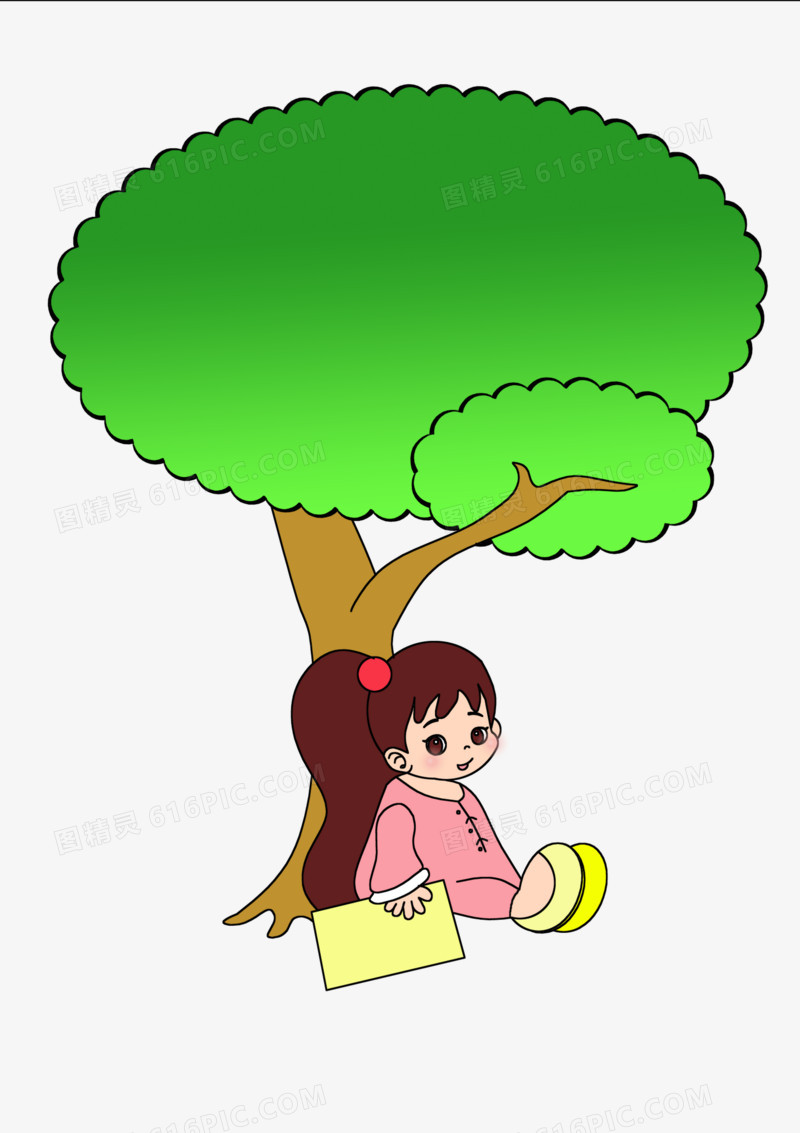 彩色卡通可爱孩子大树看书