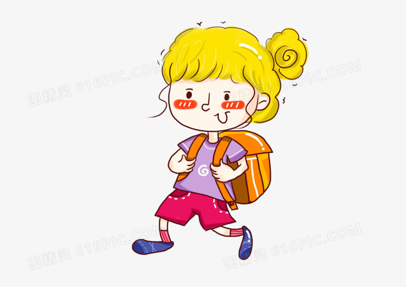 卡通可爱小女孩背书包上学