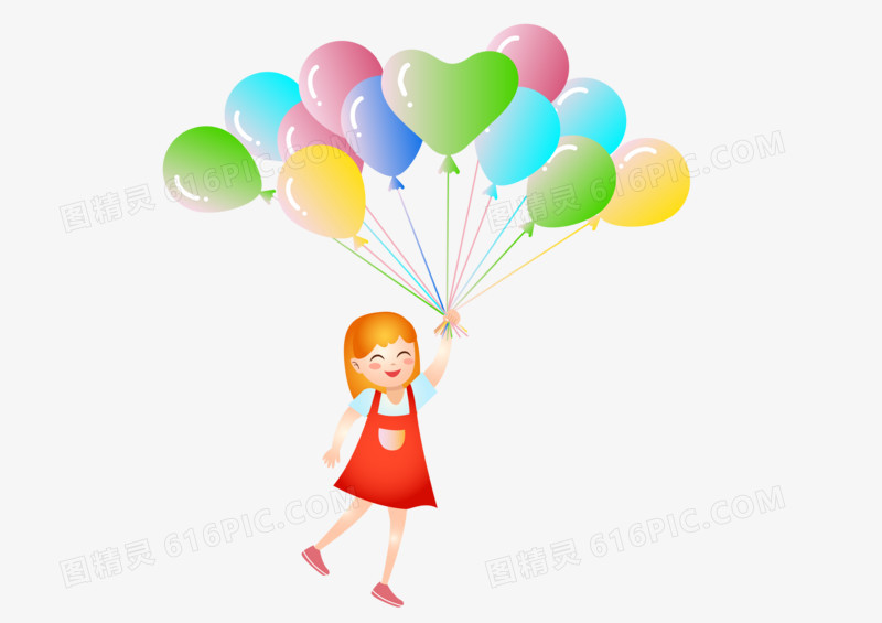 儿童节彩色气球带绳子红色卡通矢量金发红色裙子小女孩免扣 素材