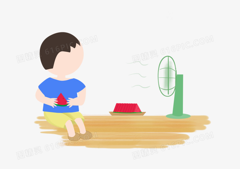 插画风夏日男孩吃西瓜小场景素材