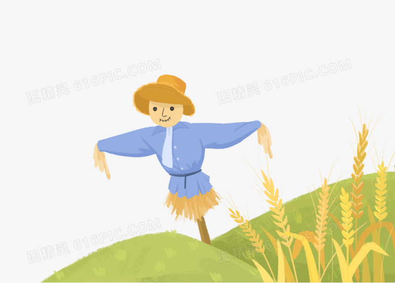 节气芒种稻草人草地田野卡通手绘背景元素