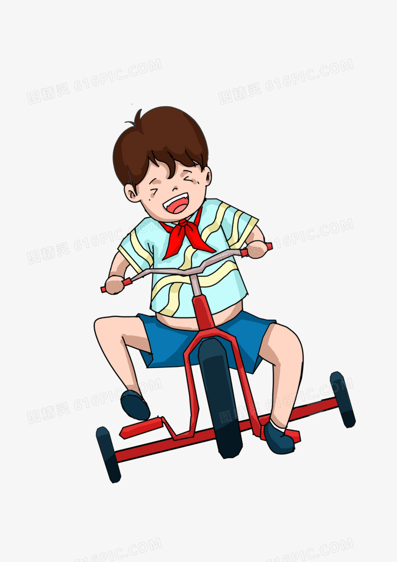 卡通手绘骑自行车的小男孩