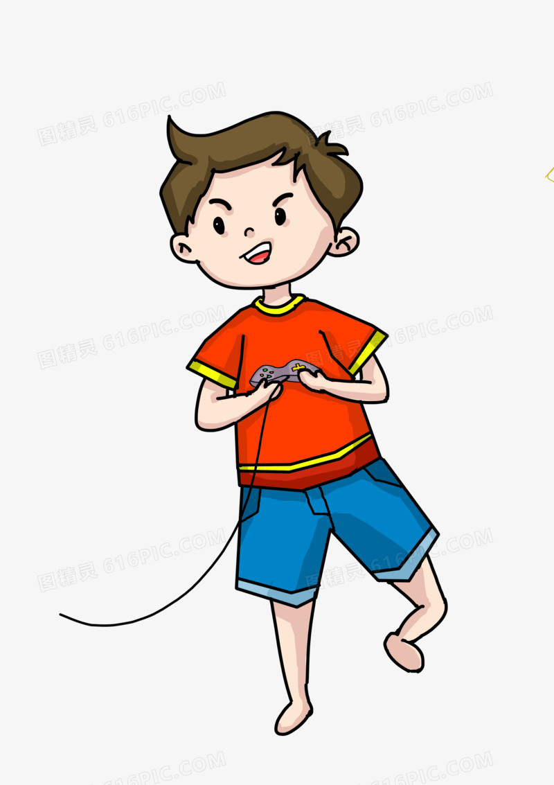 卡通手绘打游戏的小男孩