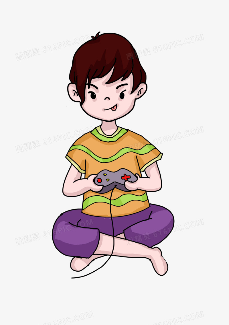 卡通手绘玩游戏的男孩