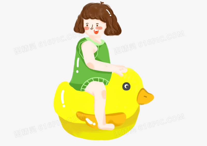 卡通可爱小女孩骑着小黄鸭