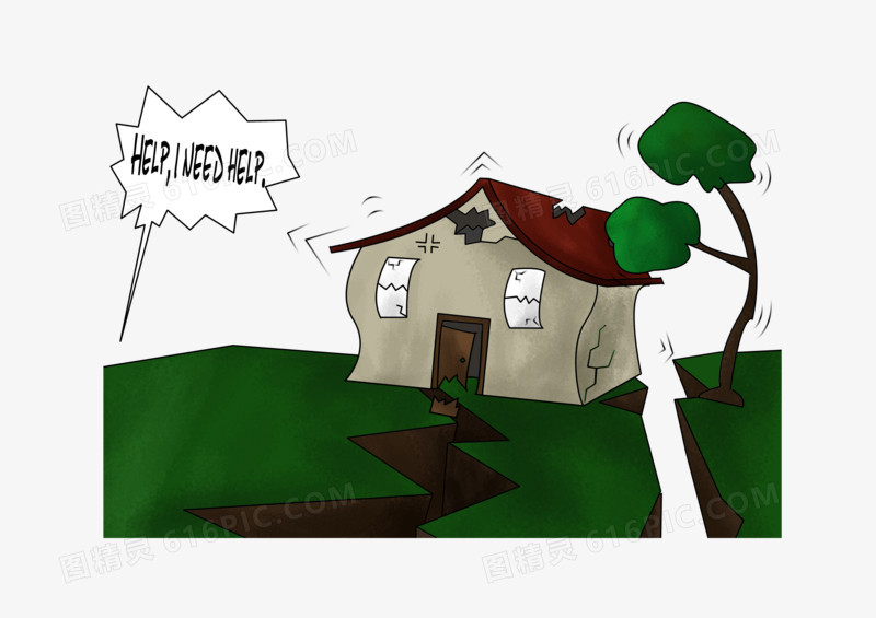 手绘卡通地震现象示意图