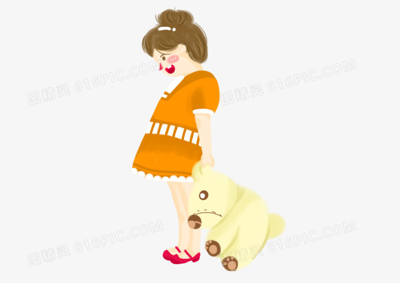 卡通可爱小女孩拉着小熊