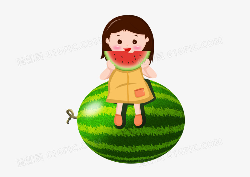 夏至之手绘卡通吃西瓜的女孩子