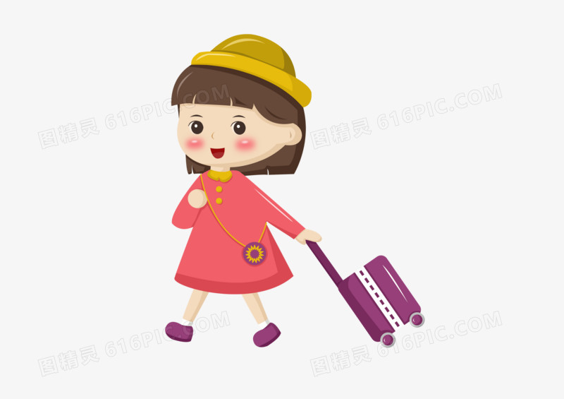 儿童节之手绘卡通拖着行李箱旅游的女孩子