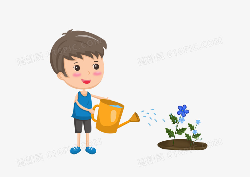 手绘卡通浇花的小男孩