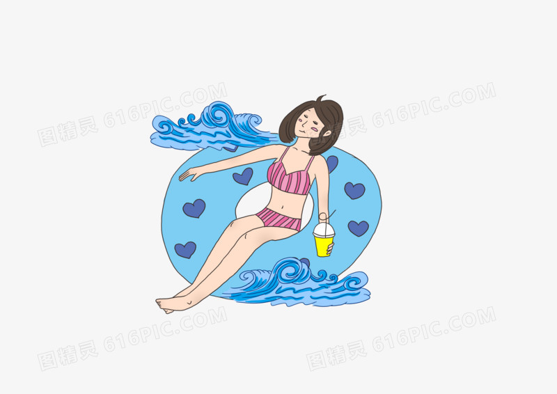 卡通简约可爱女生夏季游泳元素