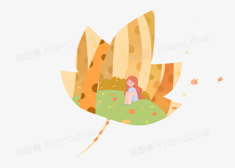 立秋秋天来了创意植物手绘矢量卡通枫叶小女孩秋季